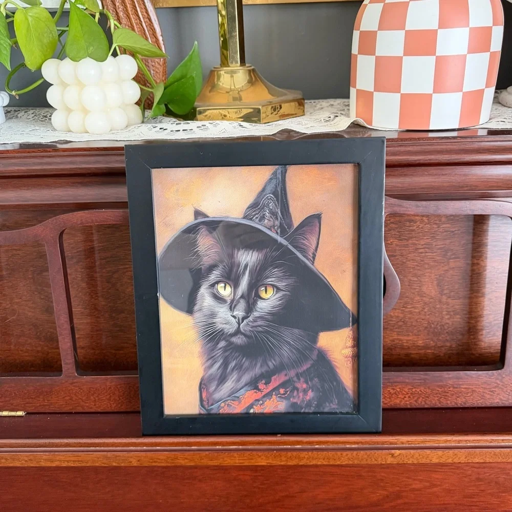 Black Cat Witch Hat Canvas Art Print Spooky Kitty Black Framed Wall Hanging Art